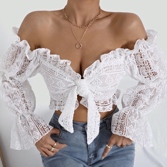 Boho Off Shoulder Ruffle Bell Sleeve Crop Top - Picture 1 of 5